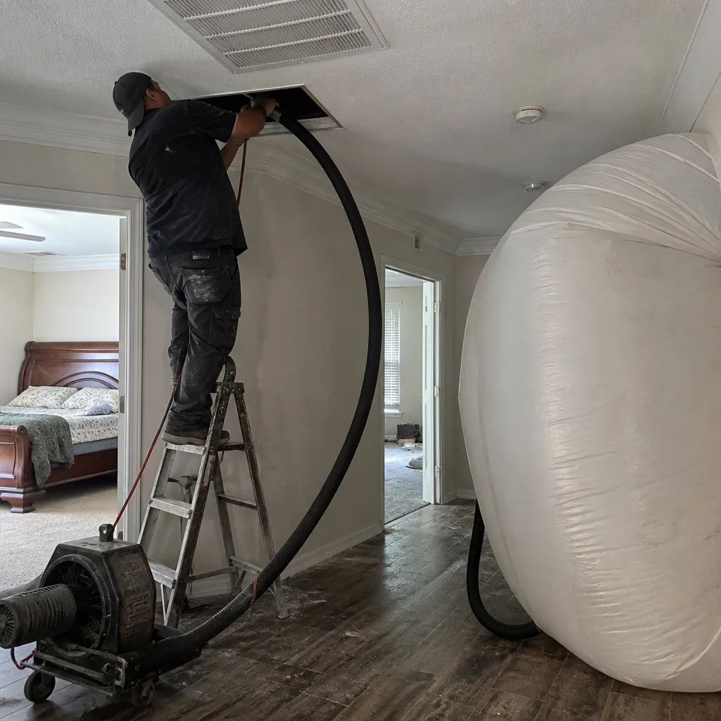 Technician using vacuum equipment for professional residential air duct cleaning
