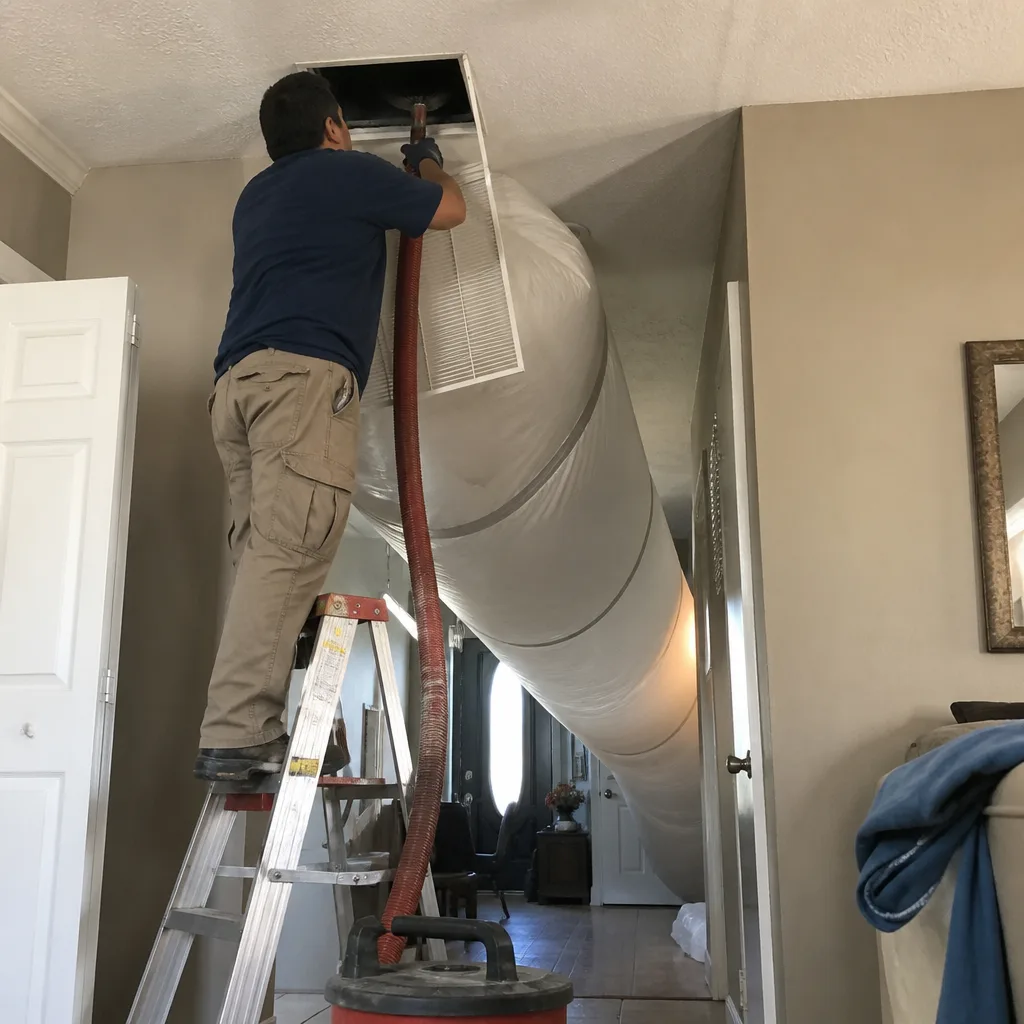 Technician using professional vacuum equipment for residential air duct cleaning
