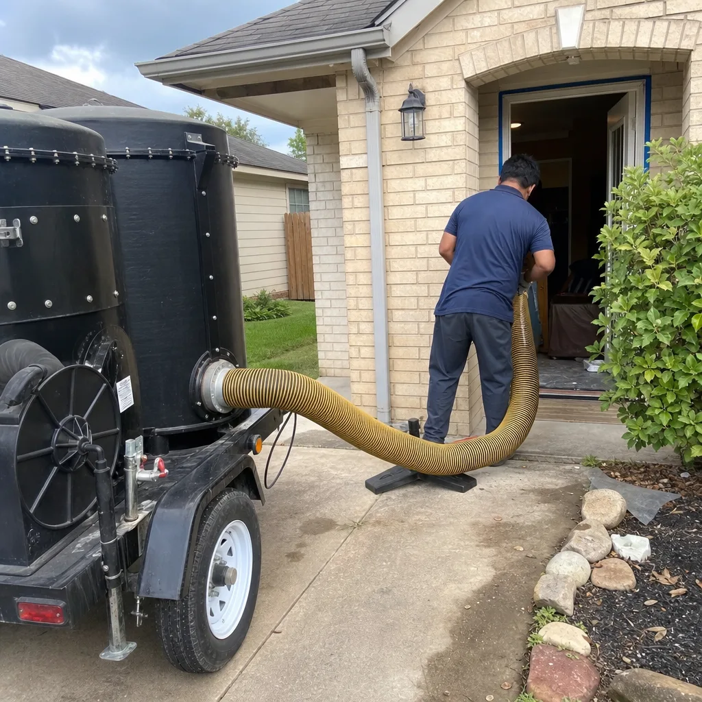 Professional technician performing residential air duct cleaning service with vacuum trailer