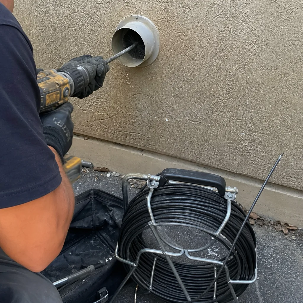 Technician performing professional dryer vent cleaning service with motorized brush equipment