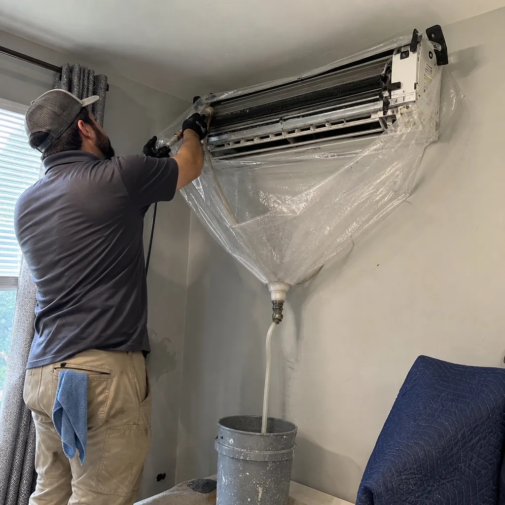 Technician performing professional ductless mini-split HVAC system cleaning